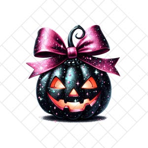 Clip Art glamour di Jack-O'-Lantern / 1 file PNG di un'elegante zucca nera adornata da un fiocco rosa scintillante, che emana un'atmosfera chic e festosa.