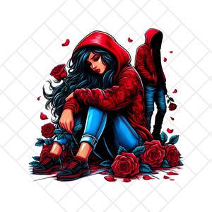 Clip art de sudadera con capucha de rosa desamor / 1 archivo PNG de niña con sudadera con capucha roja sentada en medio de pétalos de rosa dispersos, en dolor con un chico en el fondo.