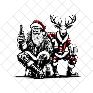 Puede incluir: Una ilustración en blanco y negro de Papá Noel con una chaqueta de cuero y sosteniendo una botella de cerveza. Está sentado junto a un reno con un traje de Papá Noel rojo y blanco y sosteniendo una jarra de cerveza.