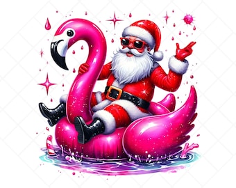 Clipart de Papá Noel en un flamenco flotando / Clipart de Navidad en julio (Descarga digital)
