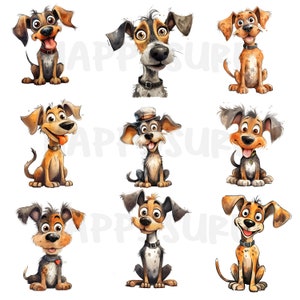 Funny dog clip art in watercolor style. Can be used in personal and commercial work. Contains 16 images, PNG and JPG files.