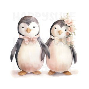 Clipart de pareja de pingüinos en estilo acuarela. Se puede utilizar para trabajos personales y comerciales. Hay 17 imágenes en archivos PNG y JPG.