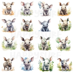 Cute cartoon watercolor baby rhino, baby bath art, printable baby rhino. Use in personal and commercial use. 25 PNG images.