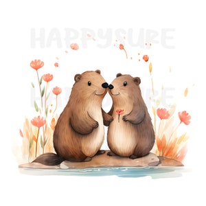 Aquarel clipart beverpaar en hun liefde. PNG- en JPG-bestanden kunnen worden gebruikt voor persoonlijke en commerciële doeleinden.