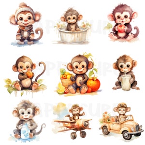 lindo clipart Muñecos de monos de dibujos animados para niños. Se puede utilizar en aplicaciones personales y comerciales. 20 imágenes en archivos PNG y JPG.
