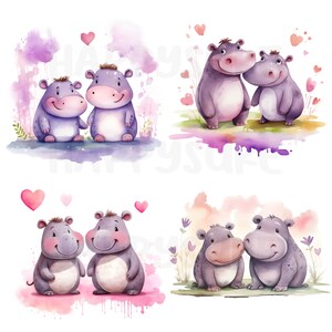 Hippo couple clipart. Cute hippo cartoon, card decoration. 25 PNG images for personal and commercial use.