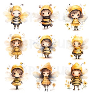 Cartoon bee clip art in watercolor style. Can be used in personal and commercial work. There are 16 images in PNG and JPG files.