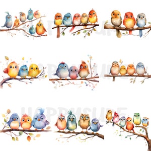 colección de pájaros graciosos en estilo acuarela. Se puede utilizar tanto para uso personal como comercial. Contiene 19 imágenes en archivos PNG y JPG.