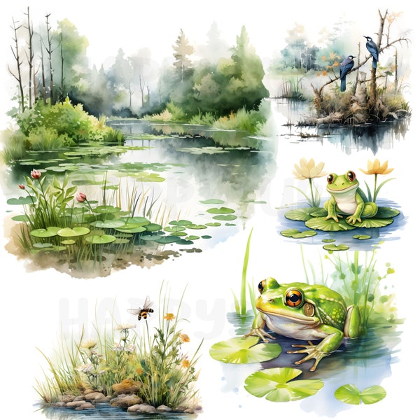 Swamp ecosystem clip art in watercolor style. Swamp ecosystem picture book Swamp animals clipart. There are 20 PNG files.