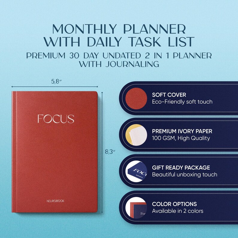 Neurobook Focus 30-dniowy planer | Dziennik codziennej produktywności dla kobiet i studentów | 30-dniowy rejestr nawyków | Organizator celów i celów zdjęcie 3