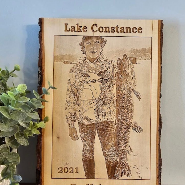 Laser Engraved Personalized Photo Fishing and Hunting Trophy On Basswood  Bark Plank