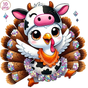 Cute Cow Turkey Watercolor Clipart – 10 PNG Thanksgiving Digital Art for Fall Designs & Crafts