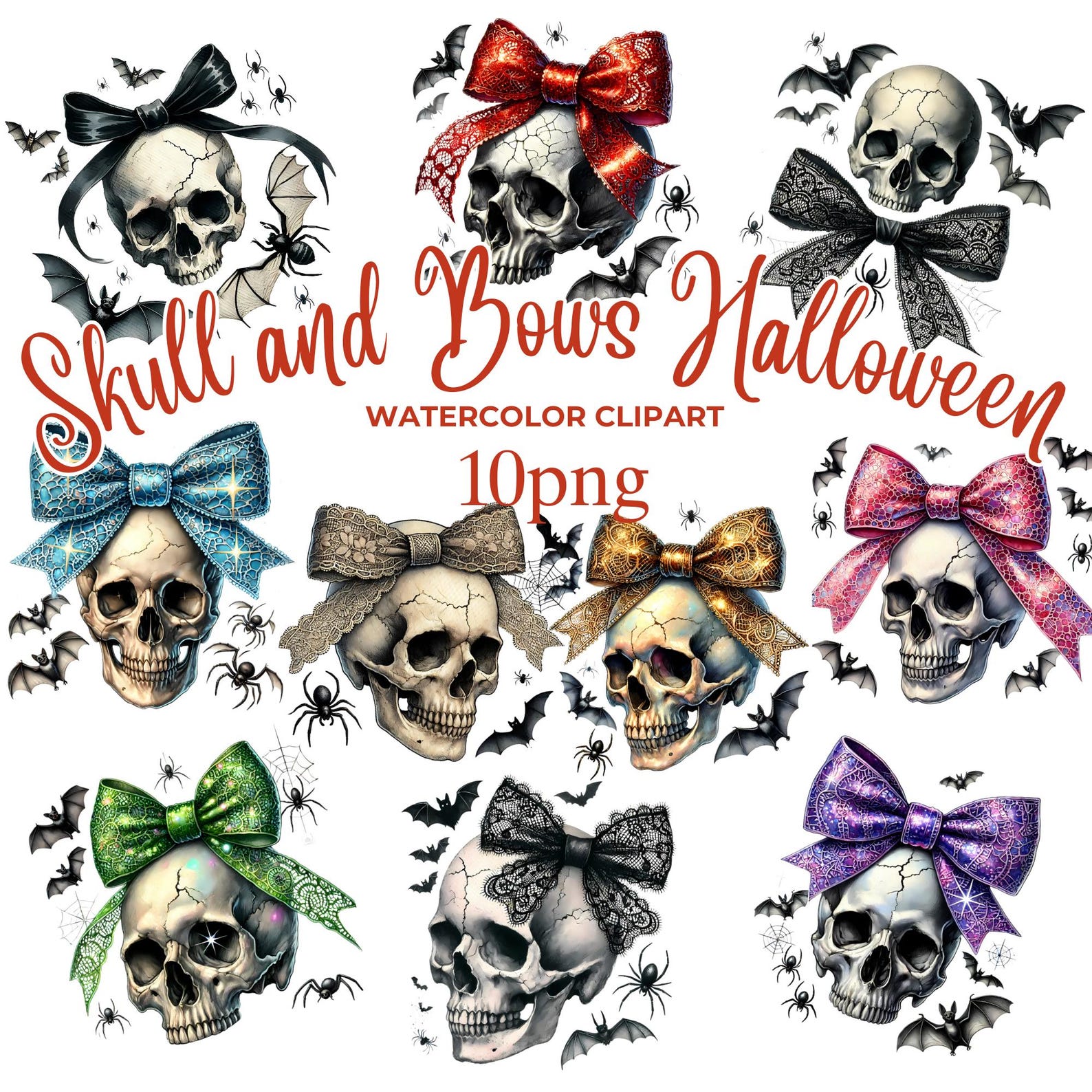 Skull and Bows Watercolor Halloween Clipart – Spooky PNG Set (10 ...