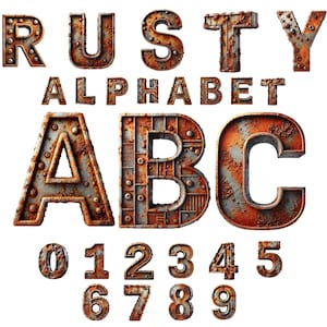 Rusty Metal Alphabet & Numbers Clipart – 36 PNG Set for Steampunk, Industrial Designs, and Crafts