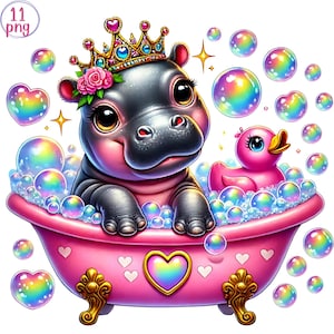 Kąpiel Moo Deng Clipart – 11 PNG Zestaw Akwareli do Uroczych Rzemiosł, Kartek i Projektów DIY, Kąpiel Hipopotam Clipart