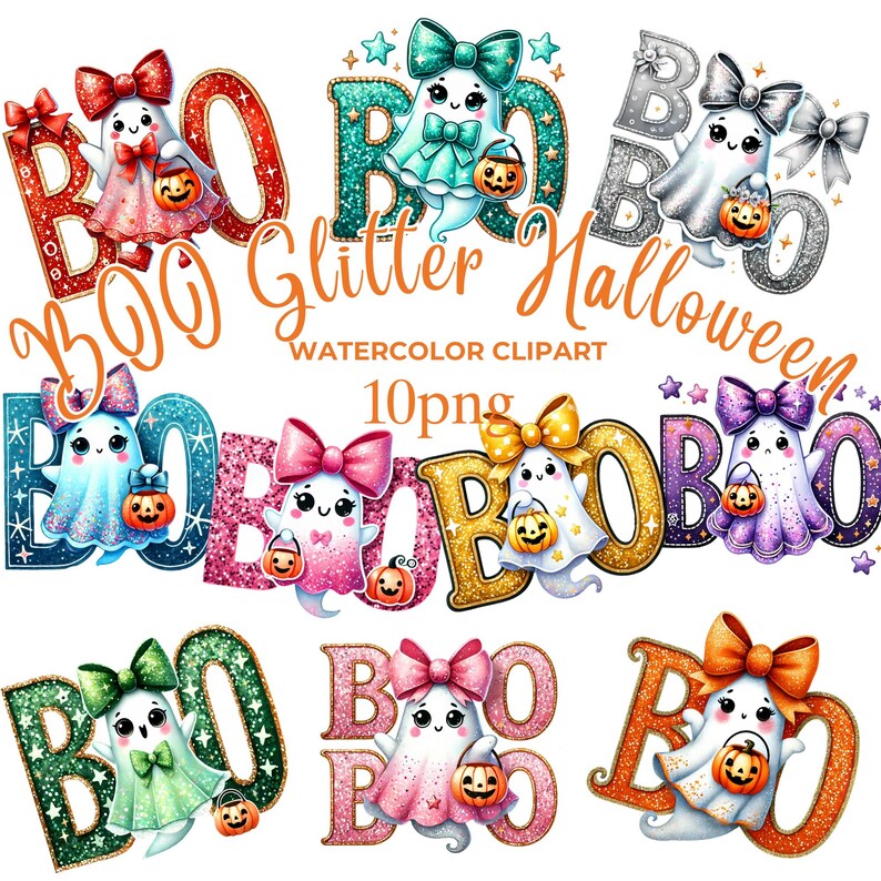 BOO Ghost Watercolor Clipart – 10 PNG Glitter Halloween Designs for ...