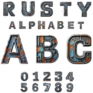 Blue Rusty Alphabet & Numbers Clipart – 36 PNG Set for Steampunk, Industrial, and Vintage Designs