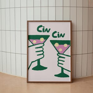 Cin Cheer Print, Cin Cin Retro Art, Plakat Wino, Kolorowa, Funky Retro Bar Cart Art, Vintage Cocktail Trendy Cytat, Wystrój Domu Gościnnego