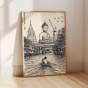 Lámina con escena del templo Wat Paknam de Bangkok, ilustración de Buda a orillas del río (descarga digital)