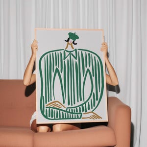 Green of Noble Lady With Top Hat Strip Wall Art In Printing Canvas Tone, moderne eclectische muurkunst, groen instant download, Fine-art giclée