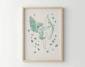 Impression d'art Cupidon vert, Saint-Valentin, décoration rétro (téléchargement numérique)