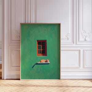 Estampa de gato tomando sol: janela verde minimalista, decoração de casa criativa (download digital)