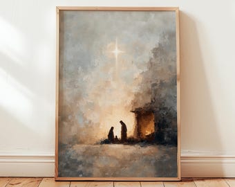Peut inclure: Impression d'art encadrée représentant une scène de la Nativité. L'œuvre présente une étoile brillant au-dessus de silhouettes de personnages devant un bâtiment. La palette de couleurs comprend des tons sourds de beige, de brun et de gris, créant une atmosphère sereine.