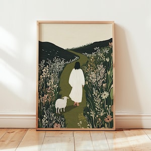 Greenly Jesus Leaves The 99 Wall Art, Christian Jesus Poster, Bible Art, Jesus Good Shepherd, Rejoice over One Lost Sheep, Parable Home Gift