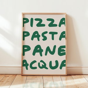 Greenly Italian Pizza Art, Pizza Pasta Pane Acqua, Włoski wystrój minimalistyczny, Estetyczna sztuka ścienna Food Fun, Modny wózek barowy, plakat kuchenny