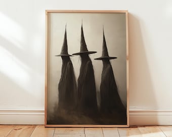 Trio Witch Halloween Art Print: Rustykalny styl malarstwa olejnego w stylu vintage (pobranie cyfrowe)