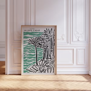 Póster de viaje vintage de la Costa Azul con playa esmeralda, descarga instantánea en lienzo, impresión ecléctica moderna para pared, arte verde para descargar.