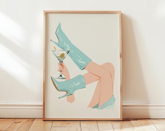Blue Cowgirl Boots Martini Art Print: Coquette Western Decor (Digital Download)
