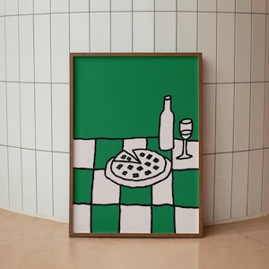 Pizza met wijn op tafel Kunst aan de muur, keukenprint, cadeau kok, poster gastvrouw, poster keuken, keukenprint, cadeau kok, poster gastvrouw, trendy barwagen, keukenkunst