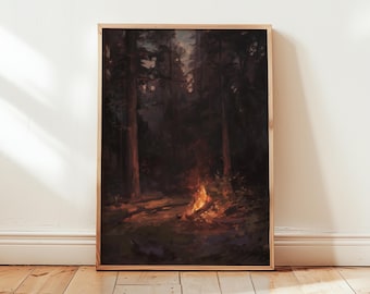 Framed Campfire Artwork Wilderness Painting Vintage Campfire
