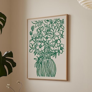 Impresión en lienzo con flores de rayas verdes en un jarrón, decoración botánica neutral imprimible, póster minimalista con ilustración floral, arte giclée.