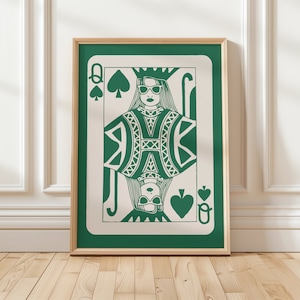 Stampa di carte da gioco verdi, stampe artistiche da parete alla moda, poster in stile anni '70, decorazioni estetiche, carta da gioco verde, massimalista digitale, fortunato, decorazioni artistiche estetiche