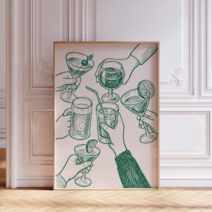 Green Cheer Wall Art, Minimal party bar cart print, preppy green, Modern Eclectic print, Hostess Poster, Aesthetic Food Fun, Trendy bar cart