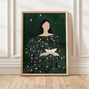 Arte mural de dama noble y verde, impresión de carta de Lady CLARA leyendo, arte mural ecléctico moderno, decoración del hogar de descarga instantánea verde, bellas artes giclée