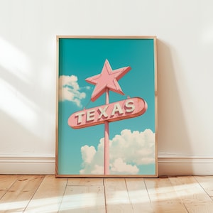 Arte mural con letreros de Texas en rosa, estampado de Bluebonnet de Texas, póster de estilo vintage de Texas, decoración del hogar con estética retro de Texas, impresión de póster única.