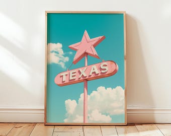 Pink Texas Signage Wall Art, Texas Bluebonnet Print, Texas Vintage Style Poster,  Retro Texas Aesthetic Home Decor, Unique Poster Print,