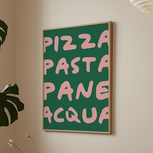 Greenly Pink Pizza Wall Art, Pizza Pasta Pane Acqua, Włoski wystrój minimalistyczny, Estetyczna sztuka ścienna Food Fun, Modny wózek barowy, plakat kuchenny