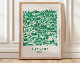 Greenly Retro Bangkok With Classic Pagoda, City travel poster, Retro Bangkok, Thailand Poster, Large Aesthetic Art, Thailand Painting Gifts
