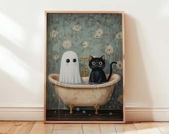 Ghost and Black Cat Bathtub Print: Halloween Bathroom Decor (Digital Download)