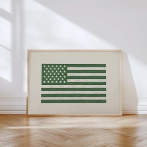 Green USA Flag Print, Patriotic Linocut Style Printable | 4th of July USA Decor | Vintage Americana Digital Download, Flag Porch Wall Art