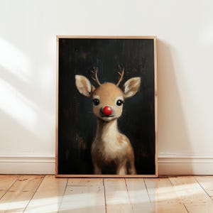 Rudolph Reindeer Oil Painting Wall Art, Christmas Decor, Academia Oil Print Winter, Santa Claus print, Cat Lover Gift Xmas, Red Nose Print