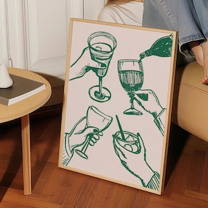 Cocktailmuurkunst, Greenly Cheers-print in olieverfschilderij, minimal party art, bar cart print art, preppy groen, moderne eclectische print, groen