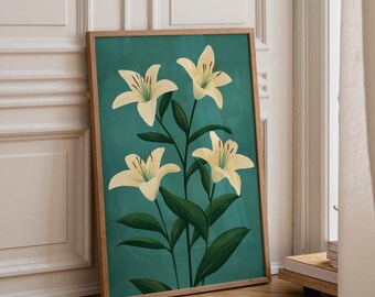 Green Lilies Botanical Print: Coastal Grandmillennial Art (Digital Download)