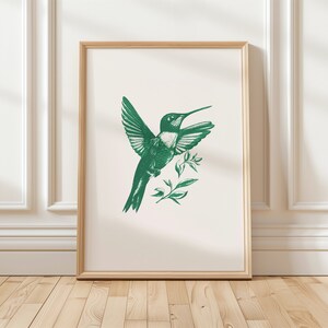 Impresión de arte lineal de colibrí verde esmeralda, boceto minimalista imprimible, impresión ecléctica digital moderna de pájaro verde, póster de naturaleza de lujo para el hogar