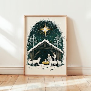 Greenly Nativity Scene Birth of Baby Jesus Art, Nativity Scene, Birth of Jesus, Christian Art, Holy Family, Starry Night Sky, Parable Gift
