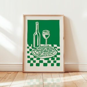 Pizza With Wine In Green II, Wydruk kuchenny, Sztuka pizzy, Prezent dla kucharza, Plakat dla gospodyni, Estetyczny wystrój zabawnego jedzenia, Modny wózek barowy, plakat kuchenny